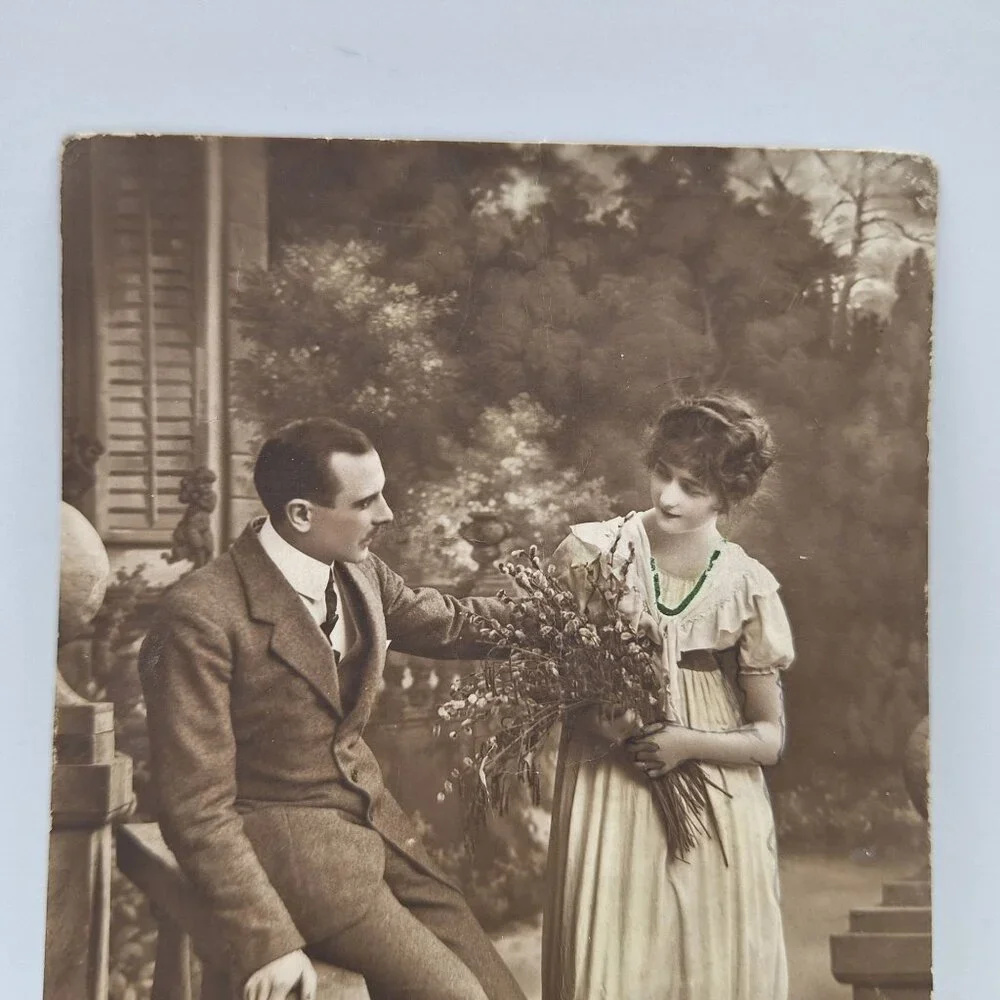 Antique Romantic Postcard Couple Scene Sepia Tone Handwritten Message‎ Ephemera